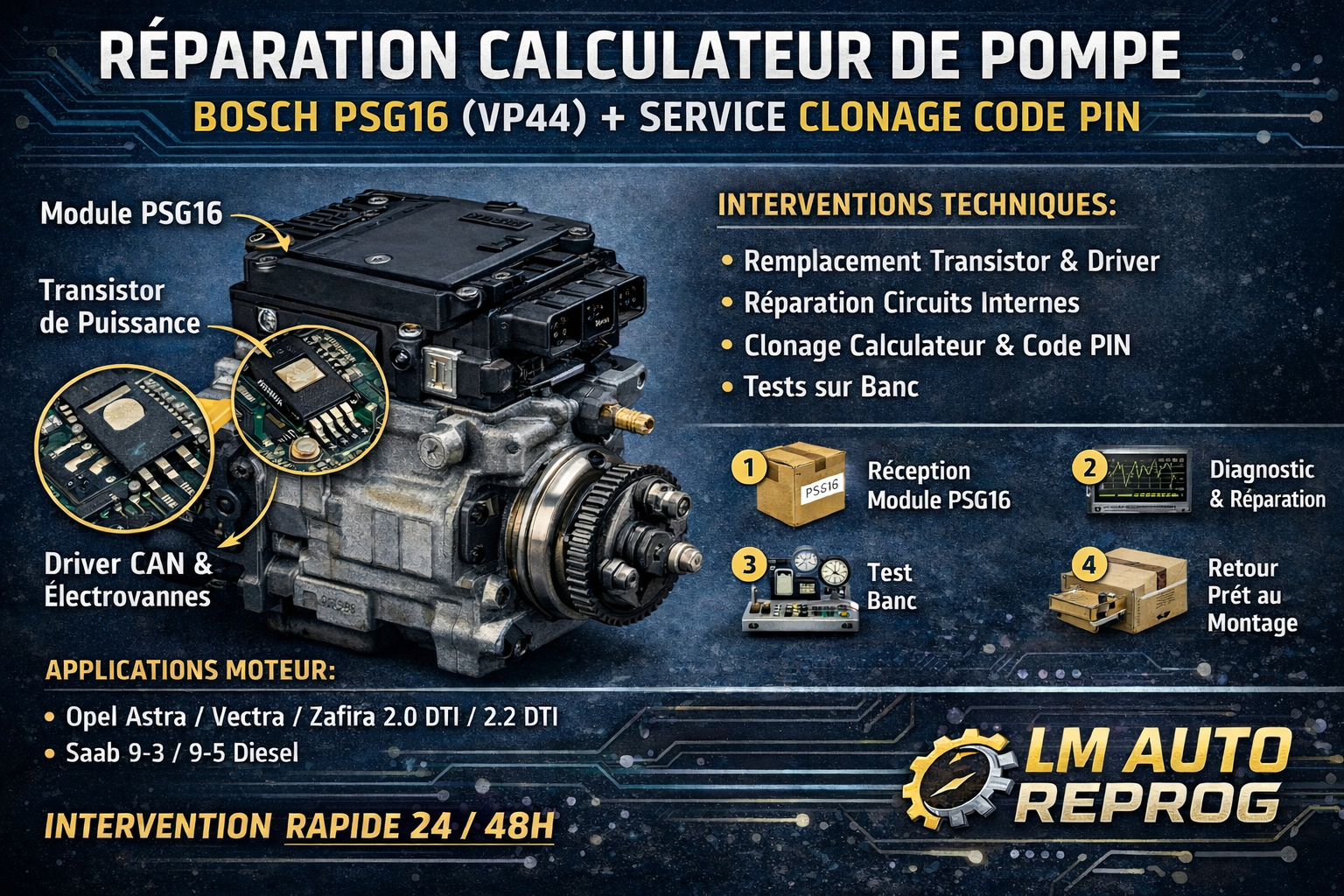 Réparation calculateur de pompe injection Bosch PSG16 OPEL (VP44) + clonage